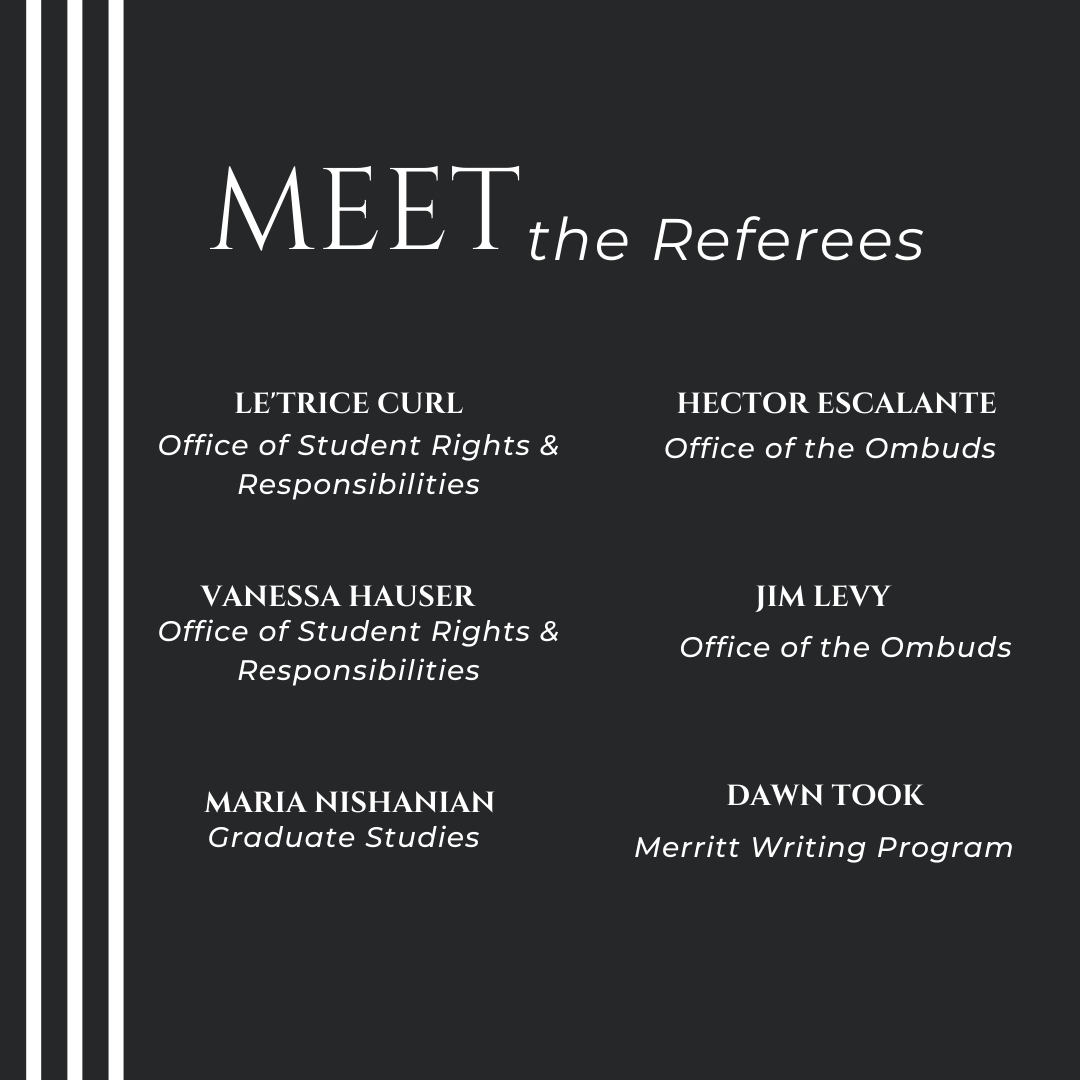Meet the Referees: Graduate Studies:  Maria Nishanian Human Resources: Luke Wiesner Office of Equity, Diversity & Inclusion: Cynthia Cortez Office of the Dean of Students: Armando Contreras  Office of the Ombuds: Chanelle Reese and Callale Concon Office of Social Justice Initiatives: Lorene Fisher Office of Student Rights & Responsibilities:  Vanessa Hauser and Le'Trice Curl Recreation and Athletics: Ashley Summerset