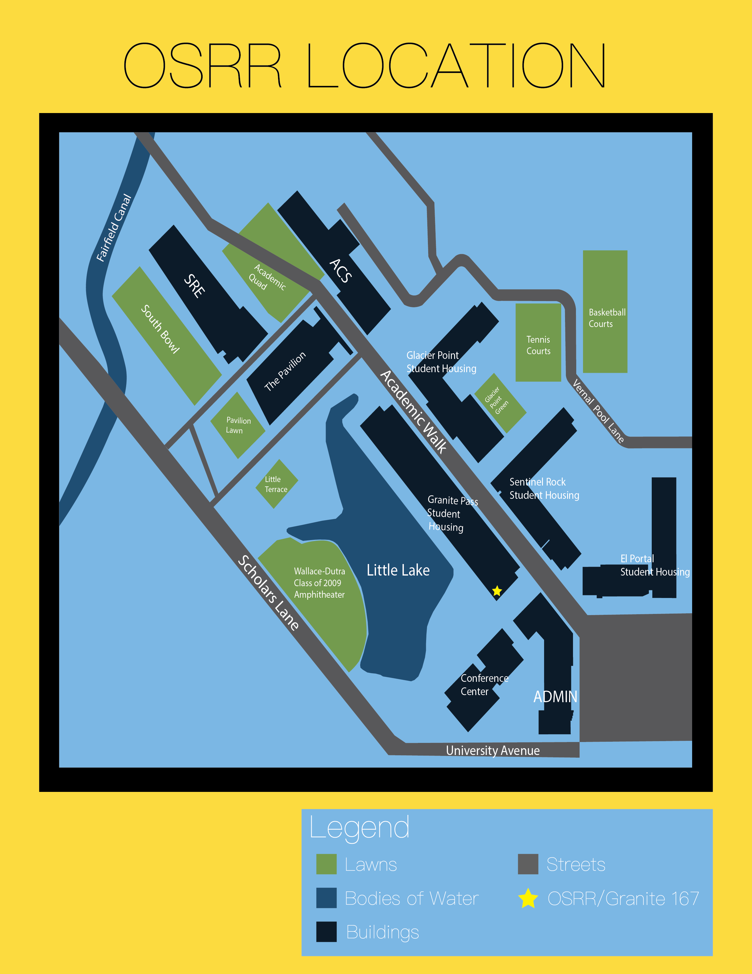 A map of the south side of campus indicating the location of the Office of Student Rights and Responsibilities which is located in Granite Pass room 167.