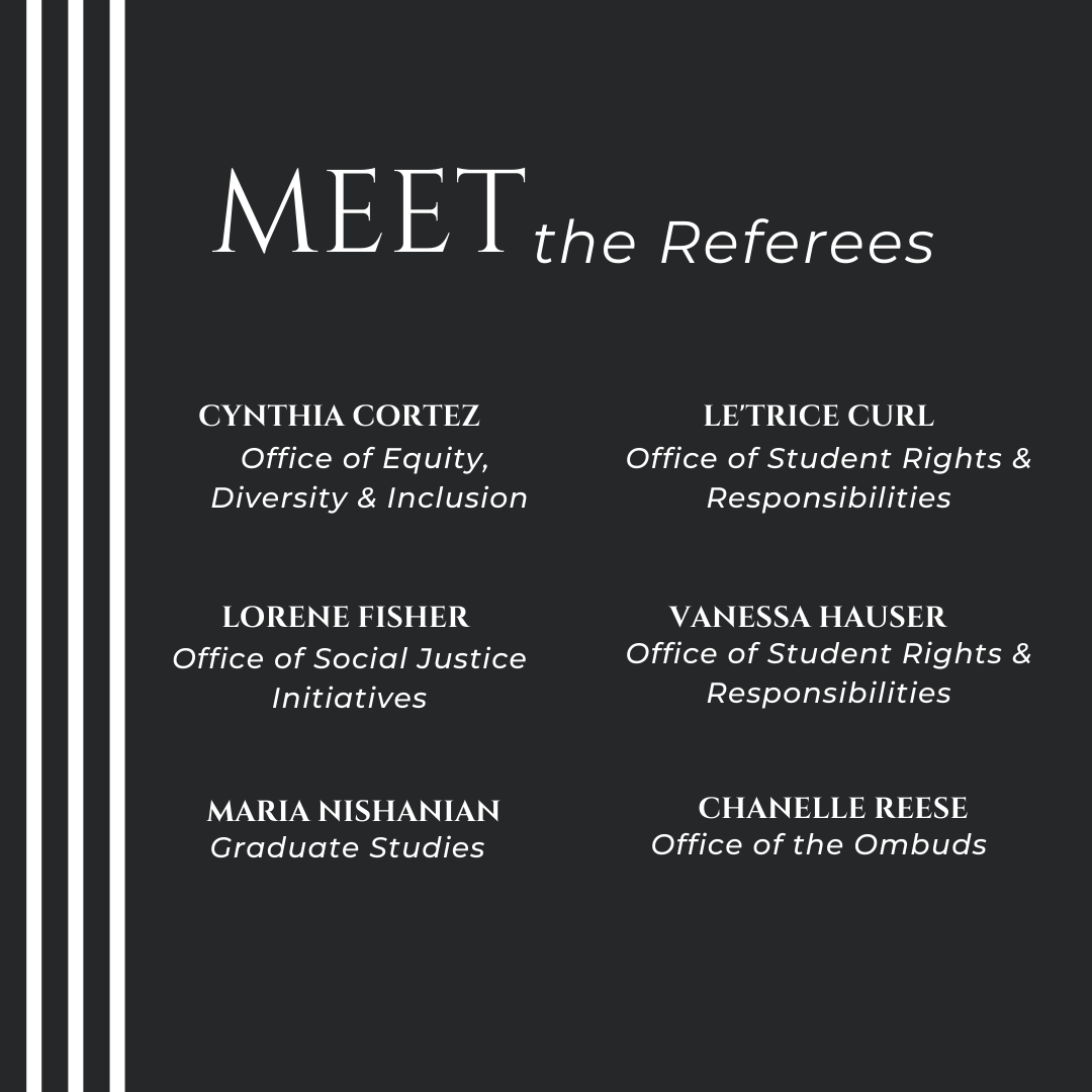 Meet the Referees: Graduate Studies:  Maria Nishanian Human Resources: Luke Wiesner Office of Equity, Diversity & Inclusion: Cynthia Cortez Office of the Dean of Students: Armando Contreras  Office of the Ombuds: Chanelle Reese and Callale Concon Office of Social Justice Initiatives: Lorene Fisher Office of Student Rights & Responsibilities:  Vanessa Hauser and Le'Trice Curl Recreation and Athletics: Ashley Summerset