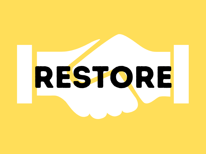 image of two hands shaking with the word "restore" on top